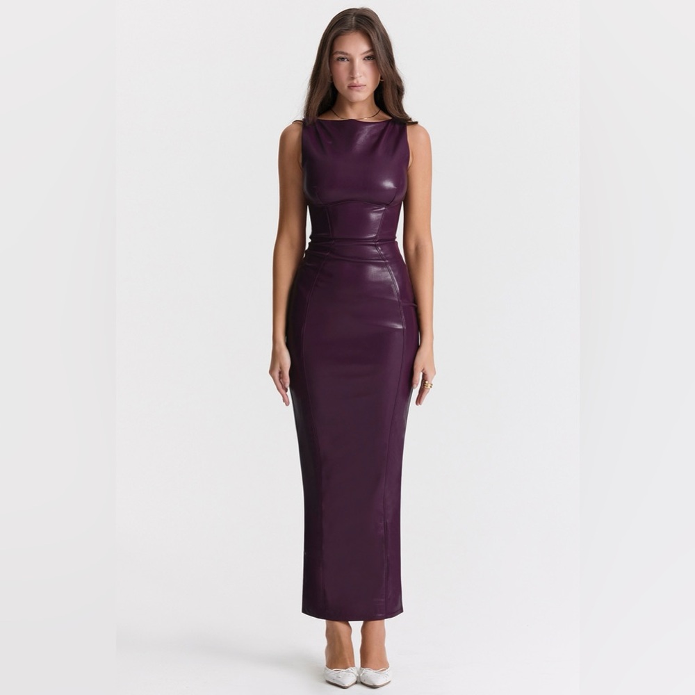 House of CB - SAHARA - MERLOT VEGAN LEATHER MAXI DRESS